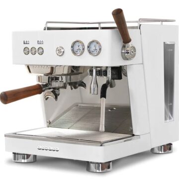 angled right side view white with wooden handles and front control panel espresso machine