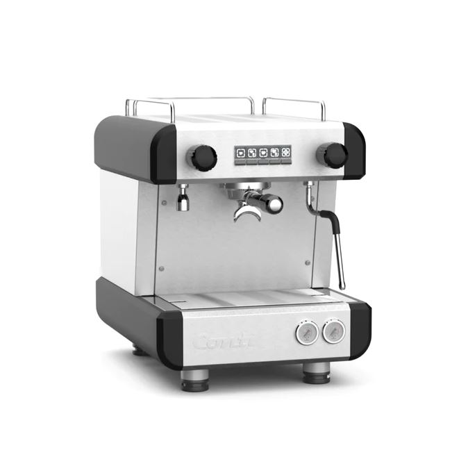Angled front view espresso machine with front controls