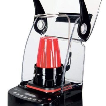 Angled side view of blender with lid open