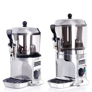 2 silver beverage dispensers with black handles