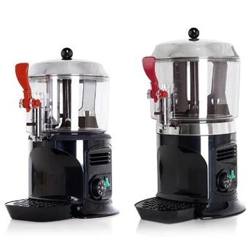 2 black and white beverage dispensers with red handle