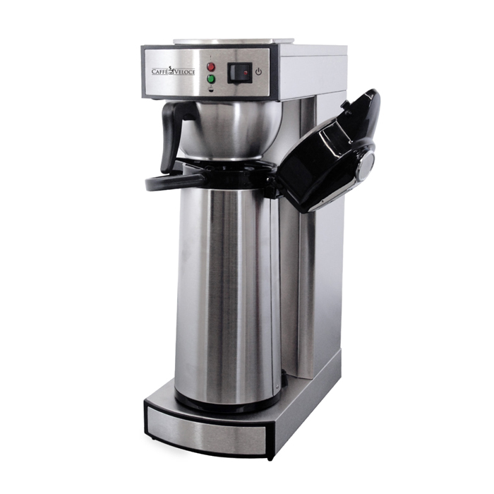 Angled view of the right side of a commercial coffee maker with a single coffee pot underneath with the lid off