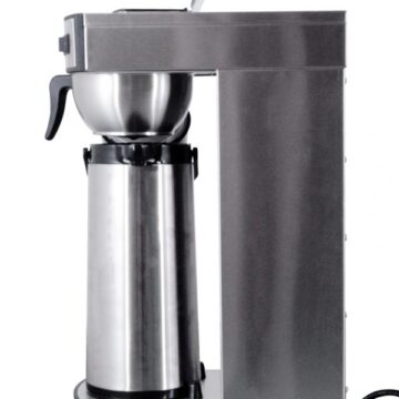 Side view of a commercial coffee maker with a single pot underneath