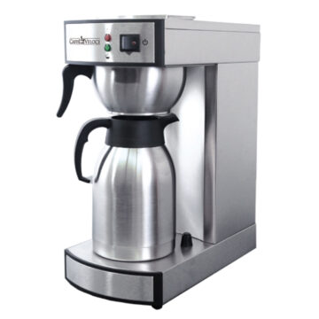 Angled view of a commercial coffee maker with a single coffee pot underneath