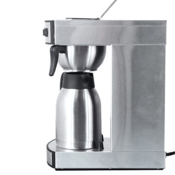 Side view of a commercial coffee maker with a single thermos