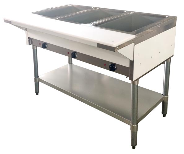 Side front view of stainless steel with under shelf and 3 pans control knobs in front