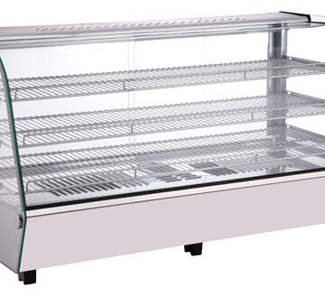 Front view of commercial countertop display with glass and 3 shelves