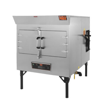 Angled right side view stainless steel 2 door (closed) commercial rotisserie with front controls and side gas outlet