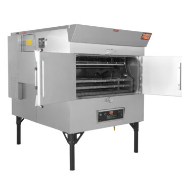 Front view stainless steel 2 door (open) commercial rotisserie with front controls and four wire racks