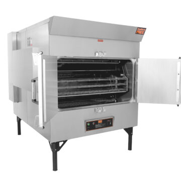 Angled left side view two door open commercial rotisserie smoker front controller