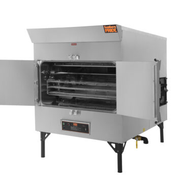 Angled right side view two door open commercial rotisserie smoker front controllers