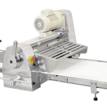 Full view of table top dough sheeter with conveyor