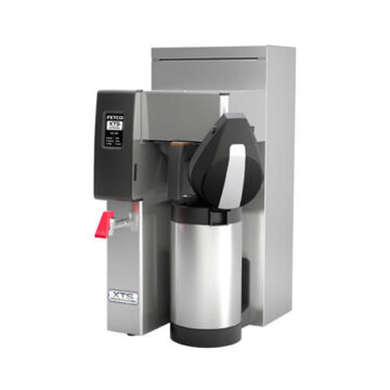 Angled view of the right side of a commercial coffee maker with a single thermos with lid open on the right side