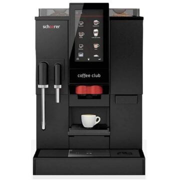 Full view of automatic espresso machine black with white coffee cup