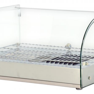 Front side view of countertop display warmer with glass top and metal base. wire rack inside