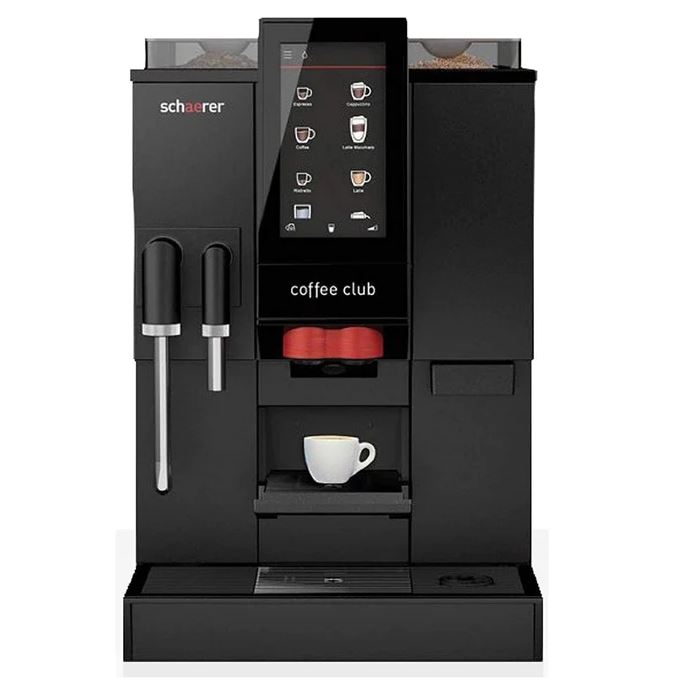 Full view of automatic espresso machine black with white coffee cup