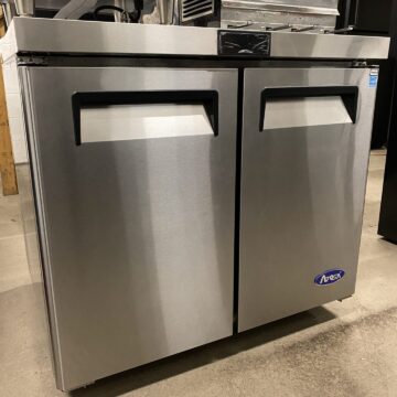 Front side view of 2 door under counter fridge stainless steel