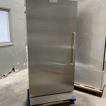 Front view of stainless steel upright commercial 1 door freezer door handle on left side