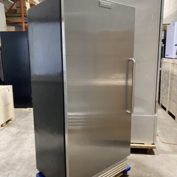 Front side view stainless steel 1 door upright freezer with black sides