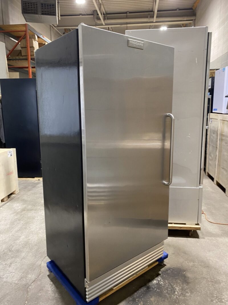 Front side view stainless steel 1 door upright freezer with black sides