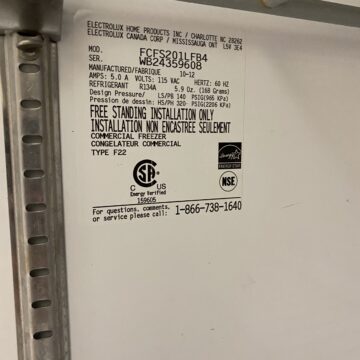 Back panel of freezer electrical specs