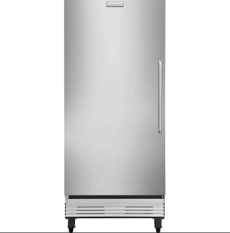 Front view of upright stainless steel 1 door freezer