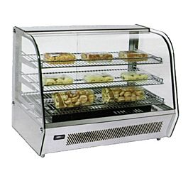 Glass countertop warmer with 3 shelves and several baked goods on shelves