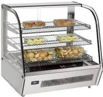 Front view of display countertop warmer with baked goods on 3 shelves