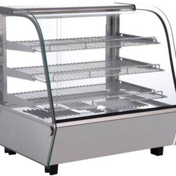 Front view of countertop display warmer with glass and metal shelving