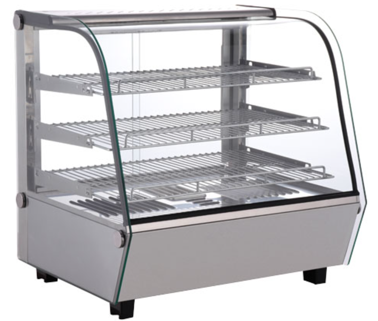 Front view of countertop display warmer with glass and metal shelving