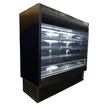 Front side view of commercial open air cooler black case with 4 shelves and light