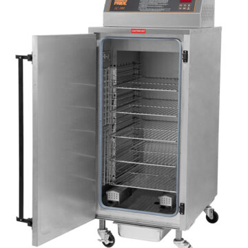 Angled view stainless steel single door (open) with 5 wire racks, top control panel commercial electric smoker on wheels