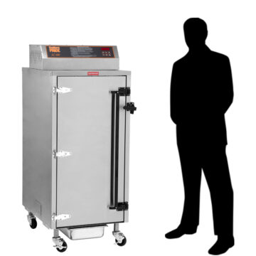 Angled view stainless steel single door top control panel commercial electric smoker on wheels - height dimension compared to average man's height