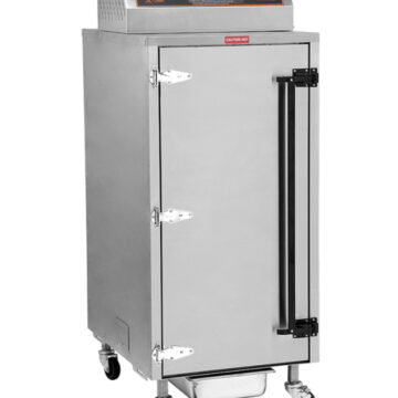 Angled left side view stainless steel single door top control panel commercial electric smoker on wheels