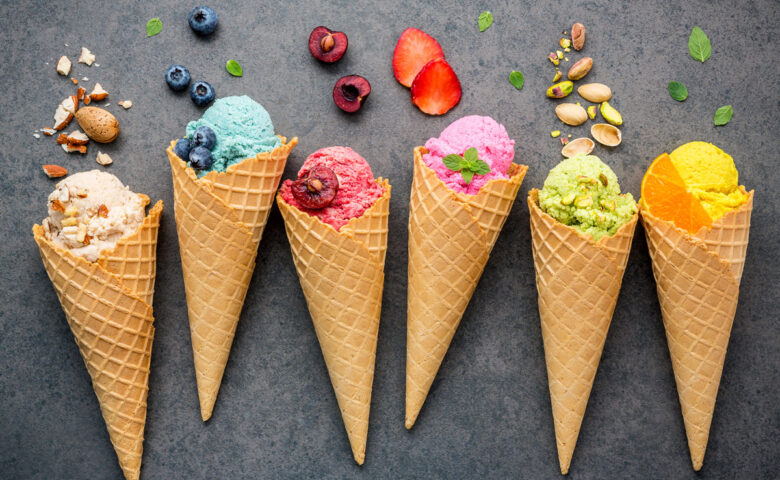 Various ice cream flavours in waffle cones