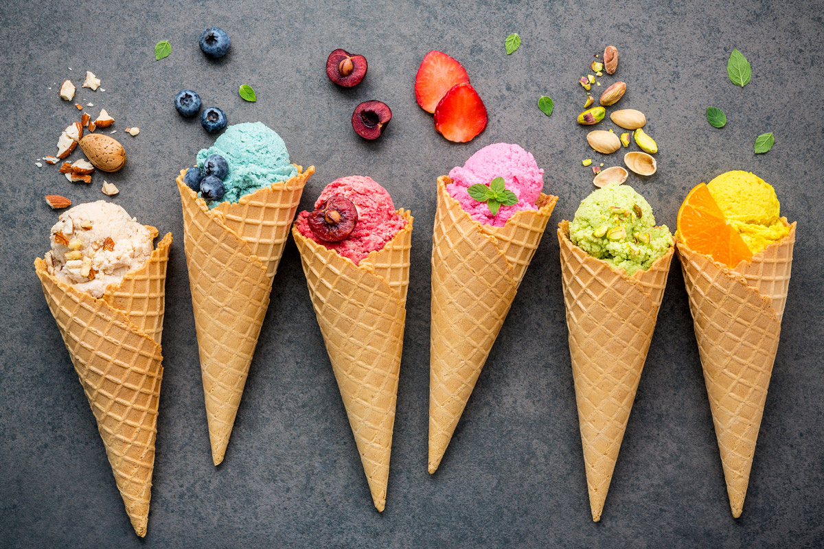 various ice cream flavours in waffle cones