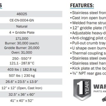 Omcan 4 burner gas range specifications
