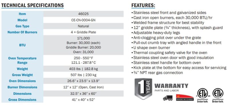 4 burner gas range specifications