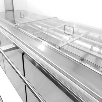 SS salad bar with glass lid closed top side angle