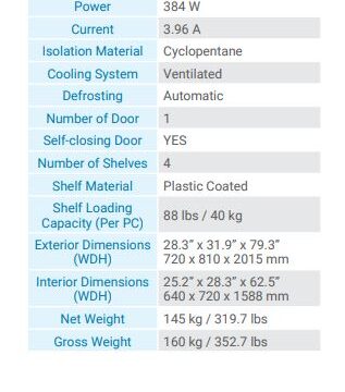Aurora Single glass door cooler specifications