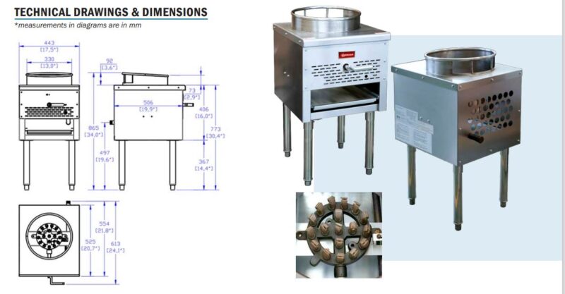 Gas wok range with 13 ring drawings