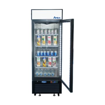 Front view of a commercial cooler with 1 open door and beverage containers spaced out on the shelves inside