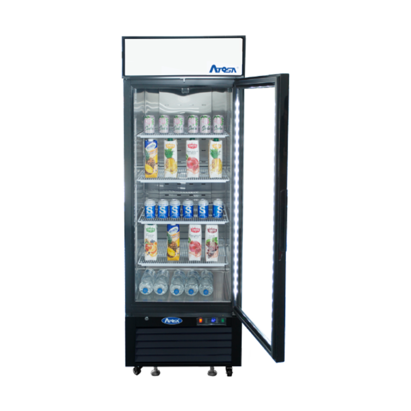 Front view of a commercial cooler with 1 open door and beverage containers spaced out on the shelves inside