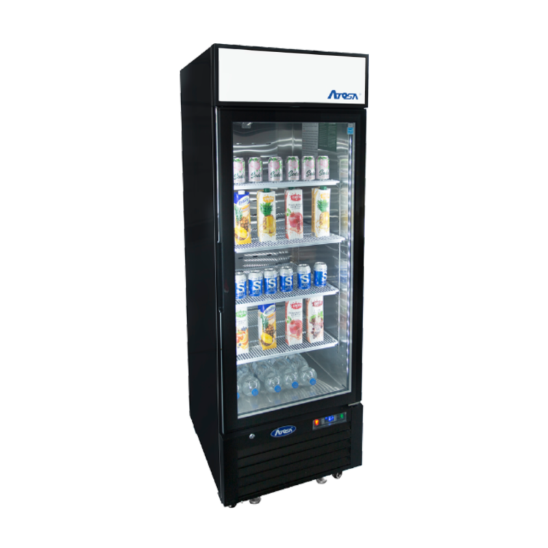 Angled view of a commercial cooler with 1 closed door and beverage containers spaced out on the shelves inside