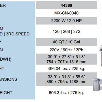 Omcan 40 Quart Mixer Specifications Sheet