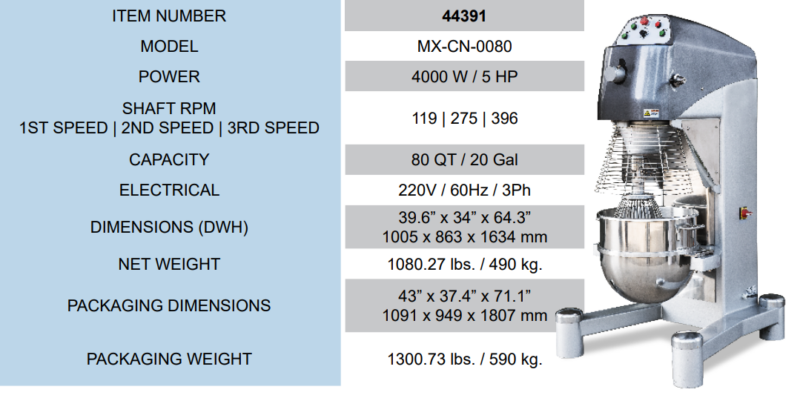 Omcan 44391 80 quart mixer spec