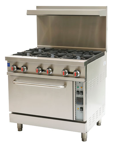Omcan gas range right side front with red knobs