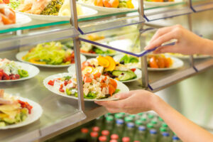 commercial canteen display fridge with salads and drinks