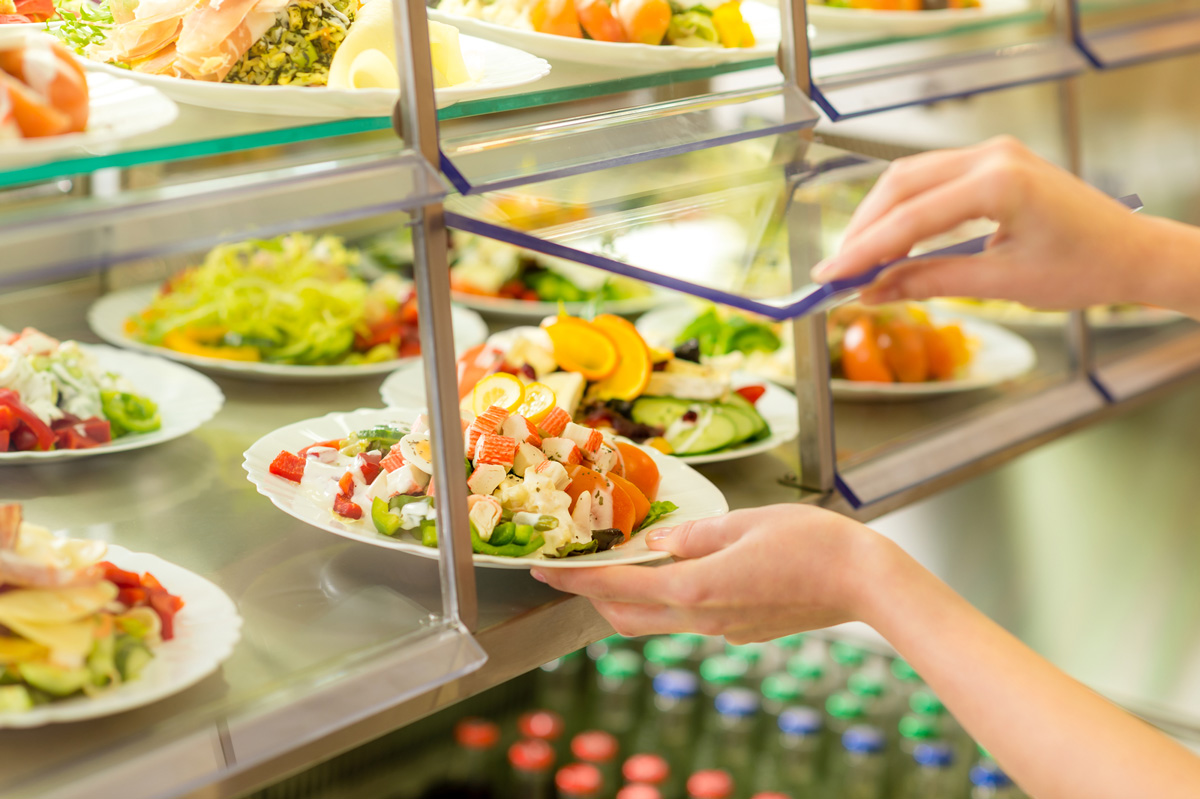 commercial canteen display fridge with salads and drinks