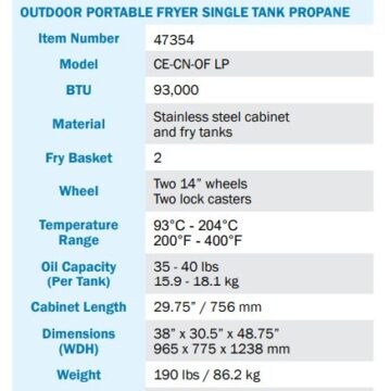 Portable single tank fryer specifications